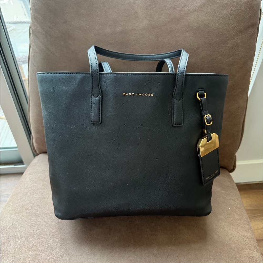 Marc Jacobs Black Leather Tote with Gold Details